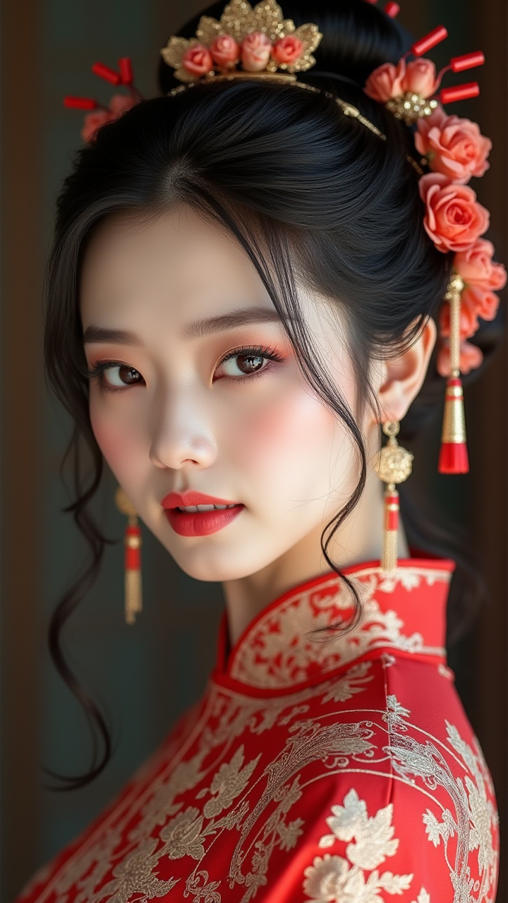 【AIGC东方华彩】：红金旗袍与华丽发饰的古韵光影叙事