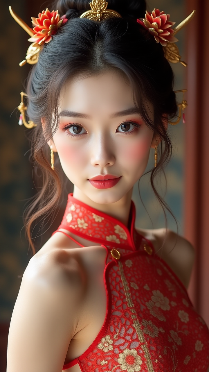 【AIGC东方华彩】：红金旗袍与华丽发饰的古韵光影叙事