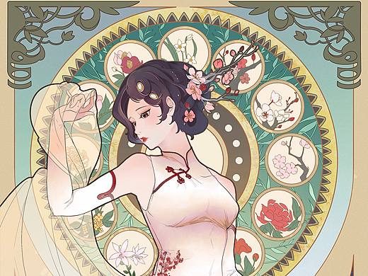 《十二月令花》穆夏风格人物插画设计