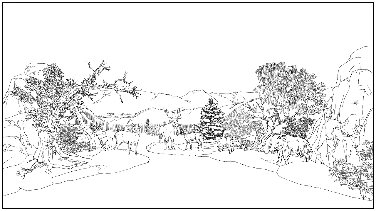 展馆半景画线稿设计（图ZMzkwNjk3NzIw） - 绘画 - 站酷设计师岗底长江原创素材 - 站酷ZCOOL