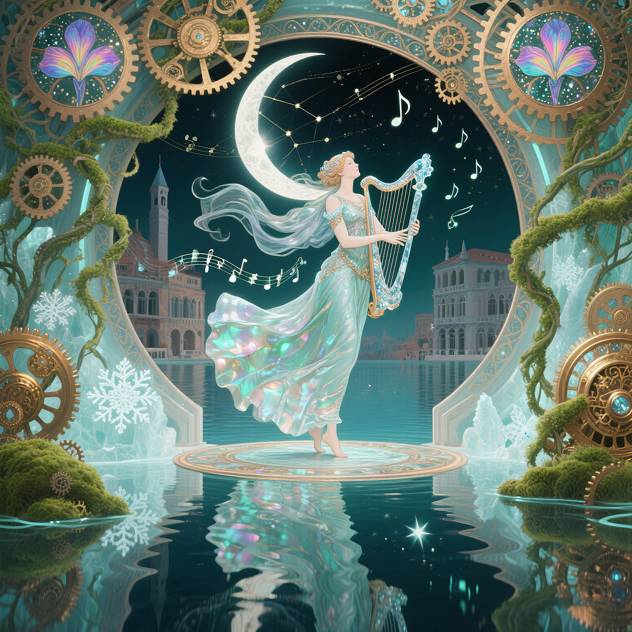 月光女神在机械神殿弹奏水晶竖琴（图ZMzkwNzA1MzY0） - AI作品 - 站酷设计师开始学习shine原创素材 - 站酷ZCOOL