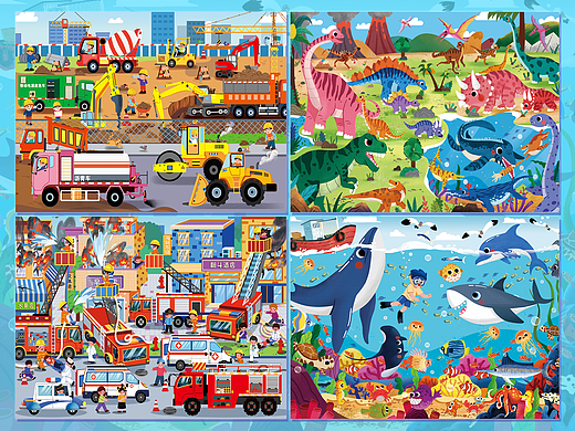 儿童拼图插画/海洋/恐龙/工地/救援