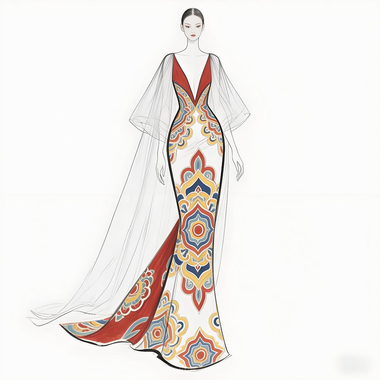 敦煌藻井纹样的高定礼服设计手稿