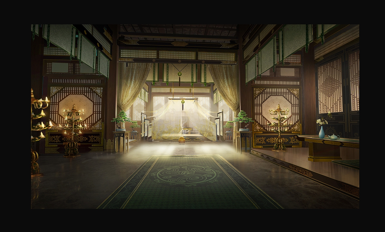 古风影视概念设计、古风氛围、室内场合、寝宫