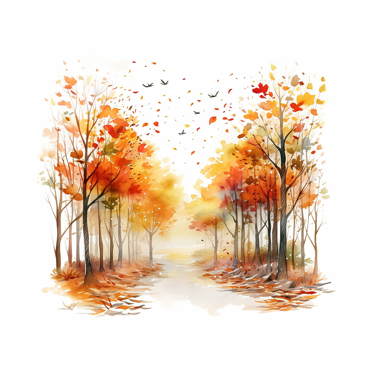 手绘文艺小清新红枫树林插画,AI生图可商用