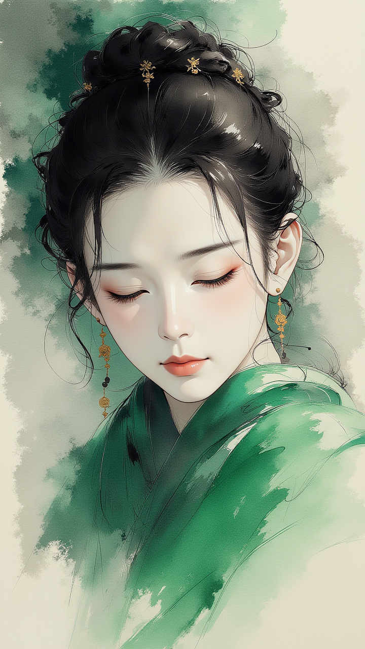 【AIGC古韵幽光】:水墨绿衣与古典配饰的美妙搭配