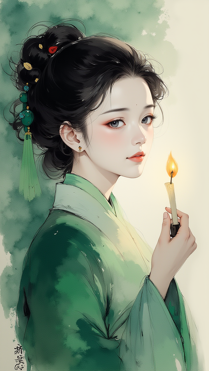【AIGC古韵幽光】:水墨绿衣与古典配饰的美妙搭配