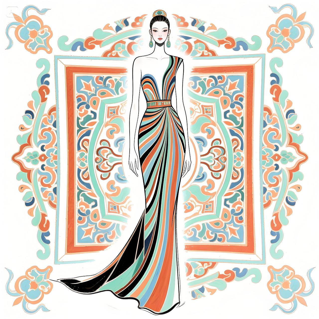 敦煌藻井纹样高定礼服设计手稿