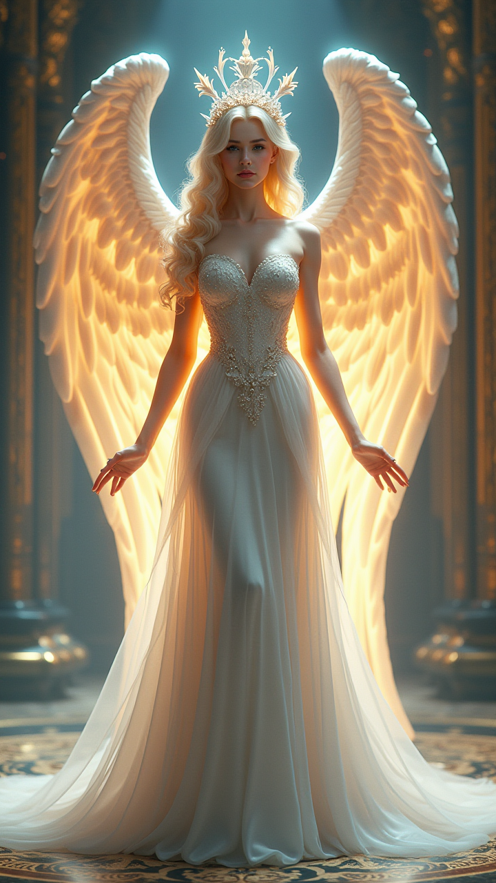 【AIGC神圣幻景】：金冠羽裳与耀眼光翼的梦幻瞬间