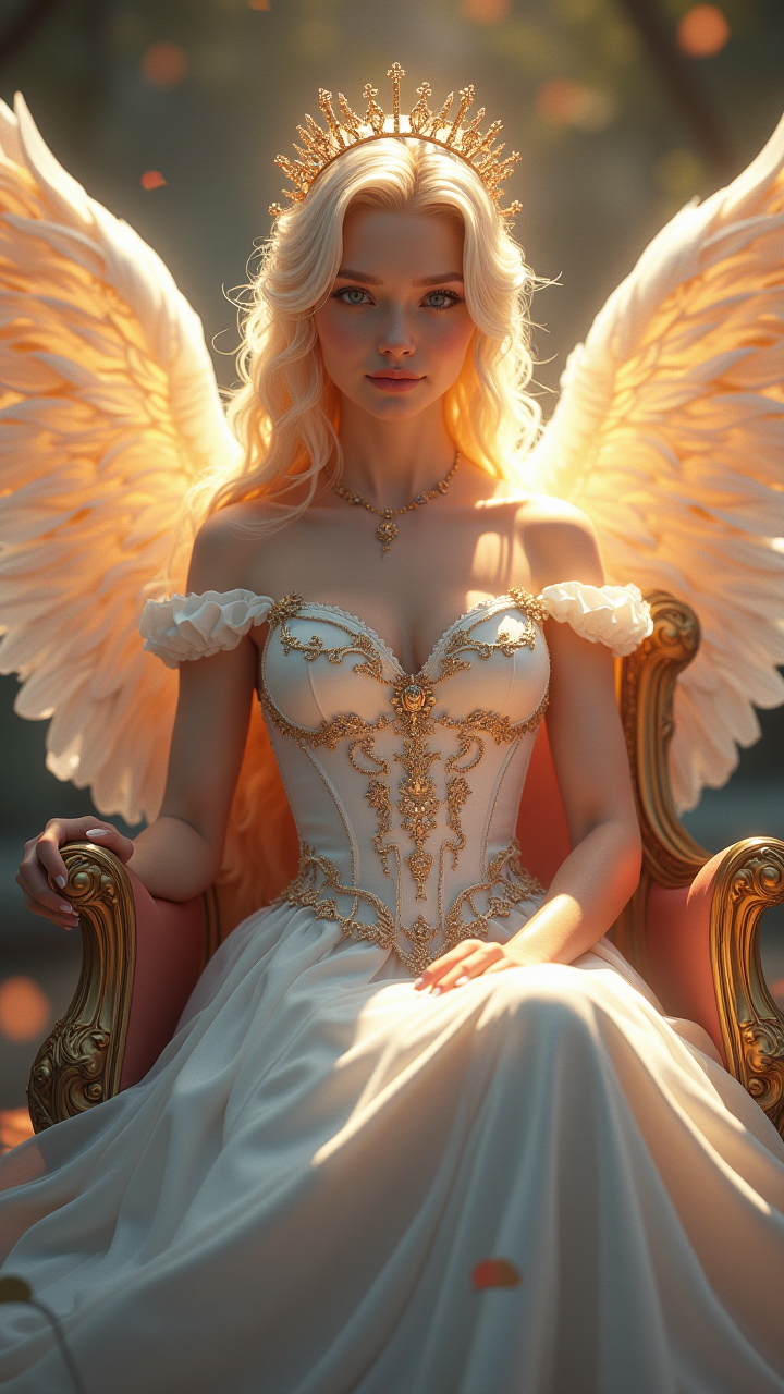 【AIGC神圣幻景】：金冠羽裳与耀眼光翼的梦幻瞬间