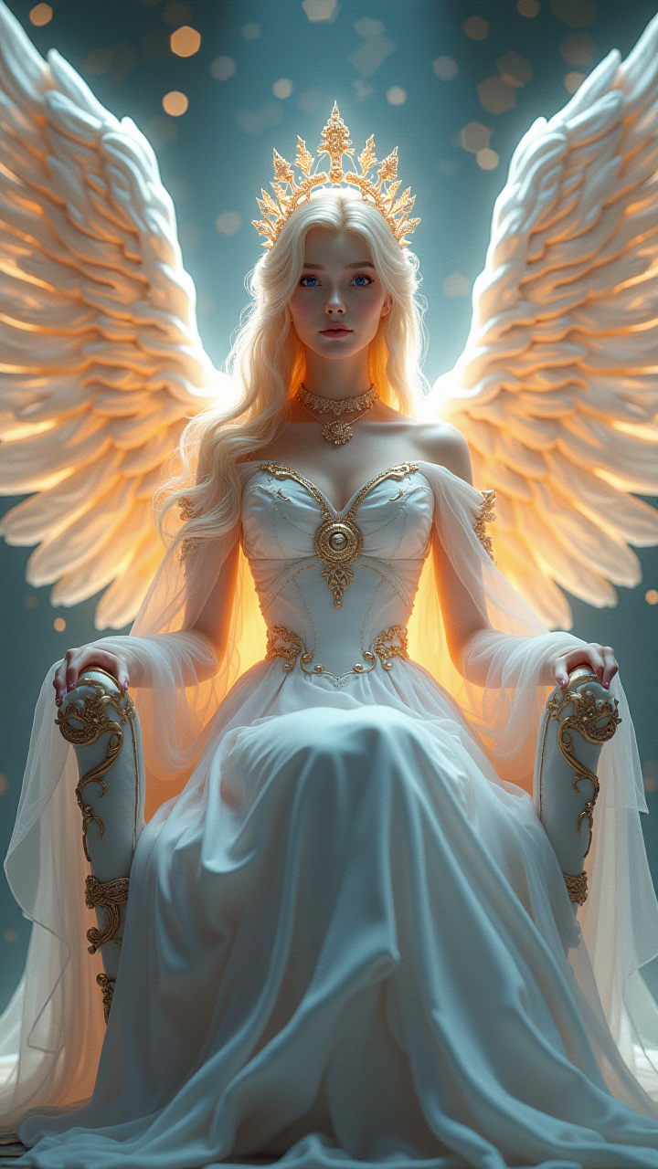 【AIGC神圣幻景】：金冠羽裳与耀眼光翼的梦幻瞬间