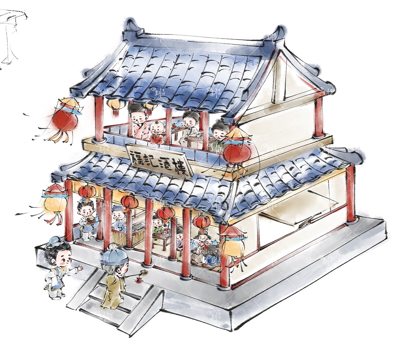 水墨风古代繁华商业街（图ZMzkwOTIzNzE2） - 儿童插画 - 站酷设计师JULY米粒原创素材 - 站酷ZCOOL
