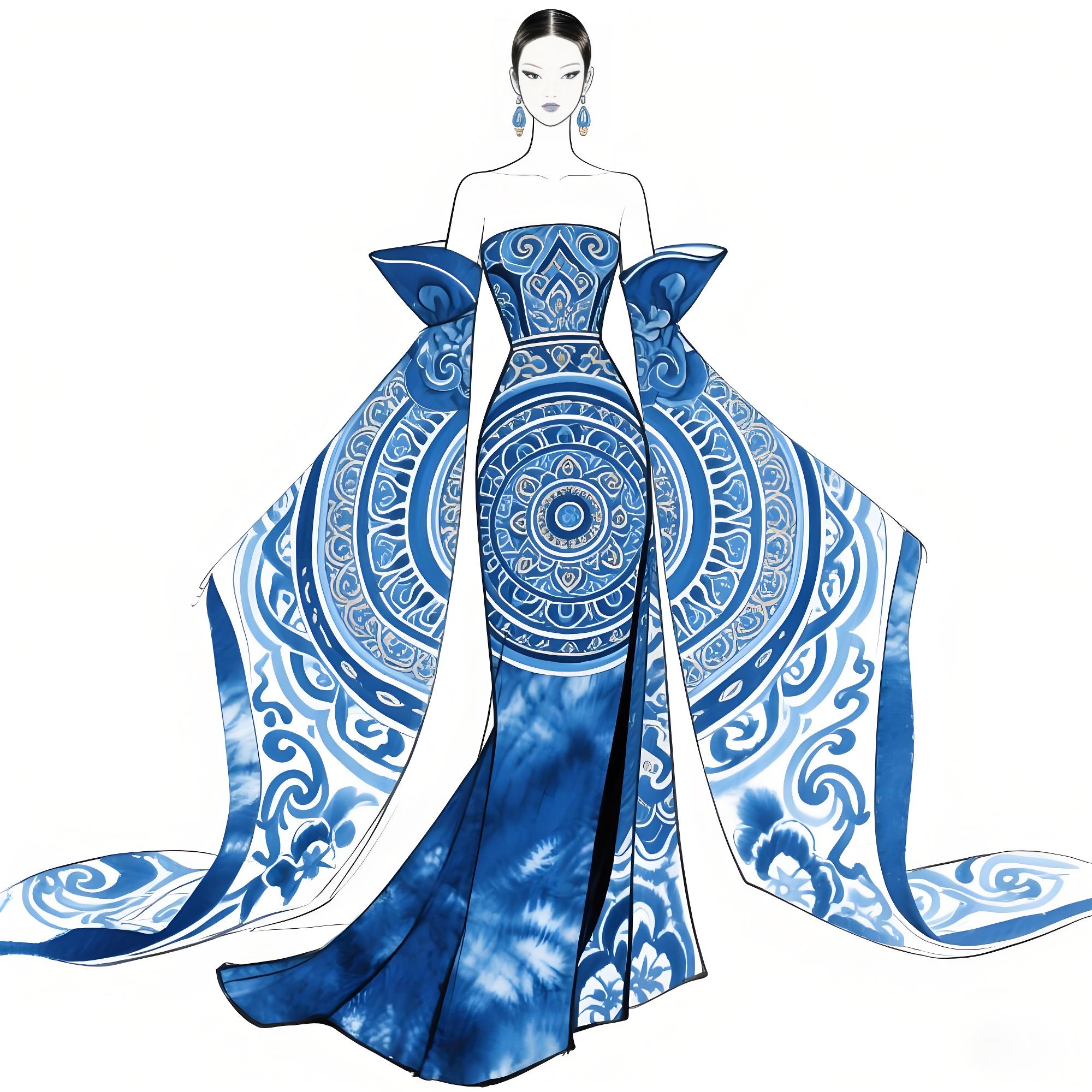 【敦煌绮梦·高定蓝色扎染礼服设计手稿说明】