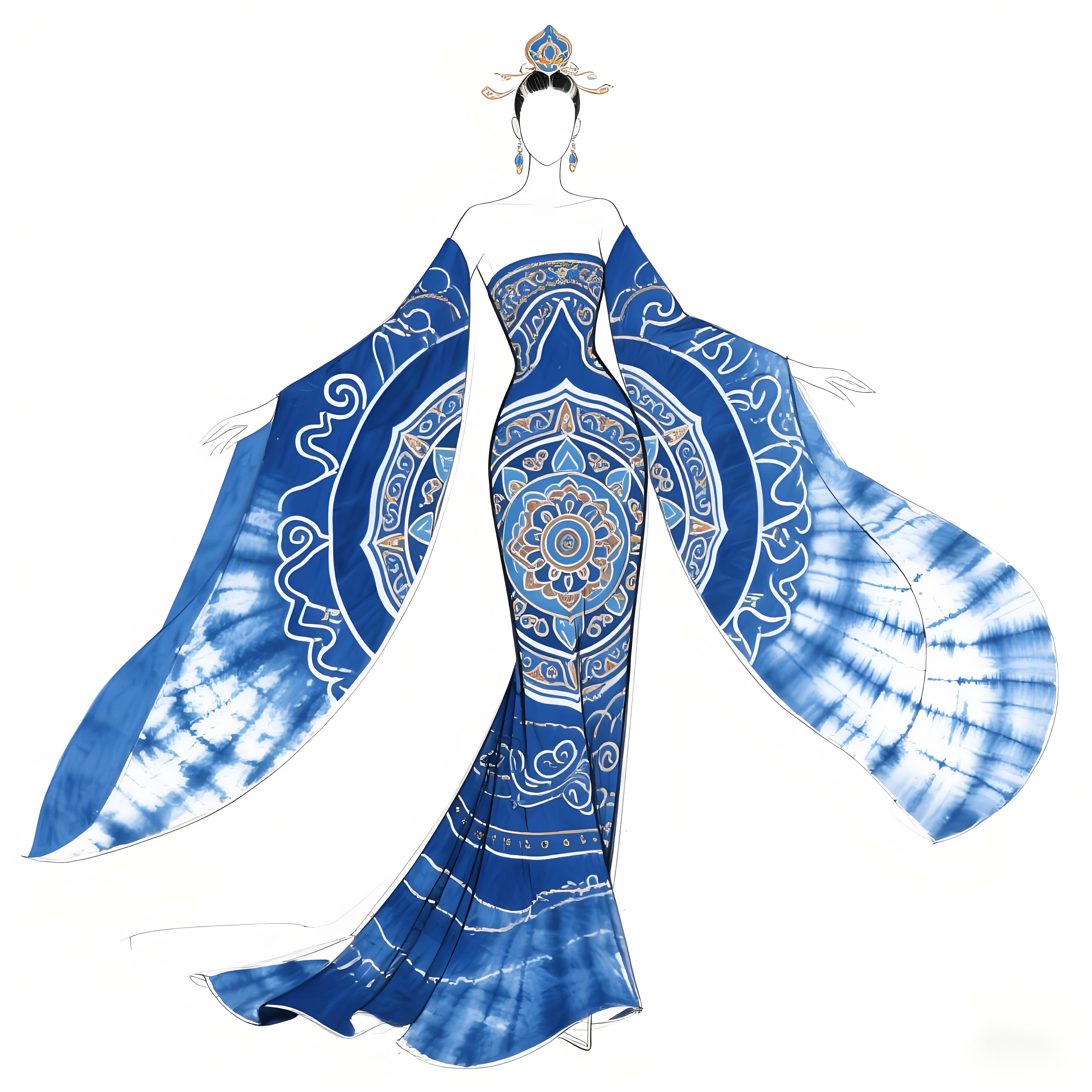 《敦煌天境》高定蓝色扎染礼服设计说明
