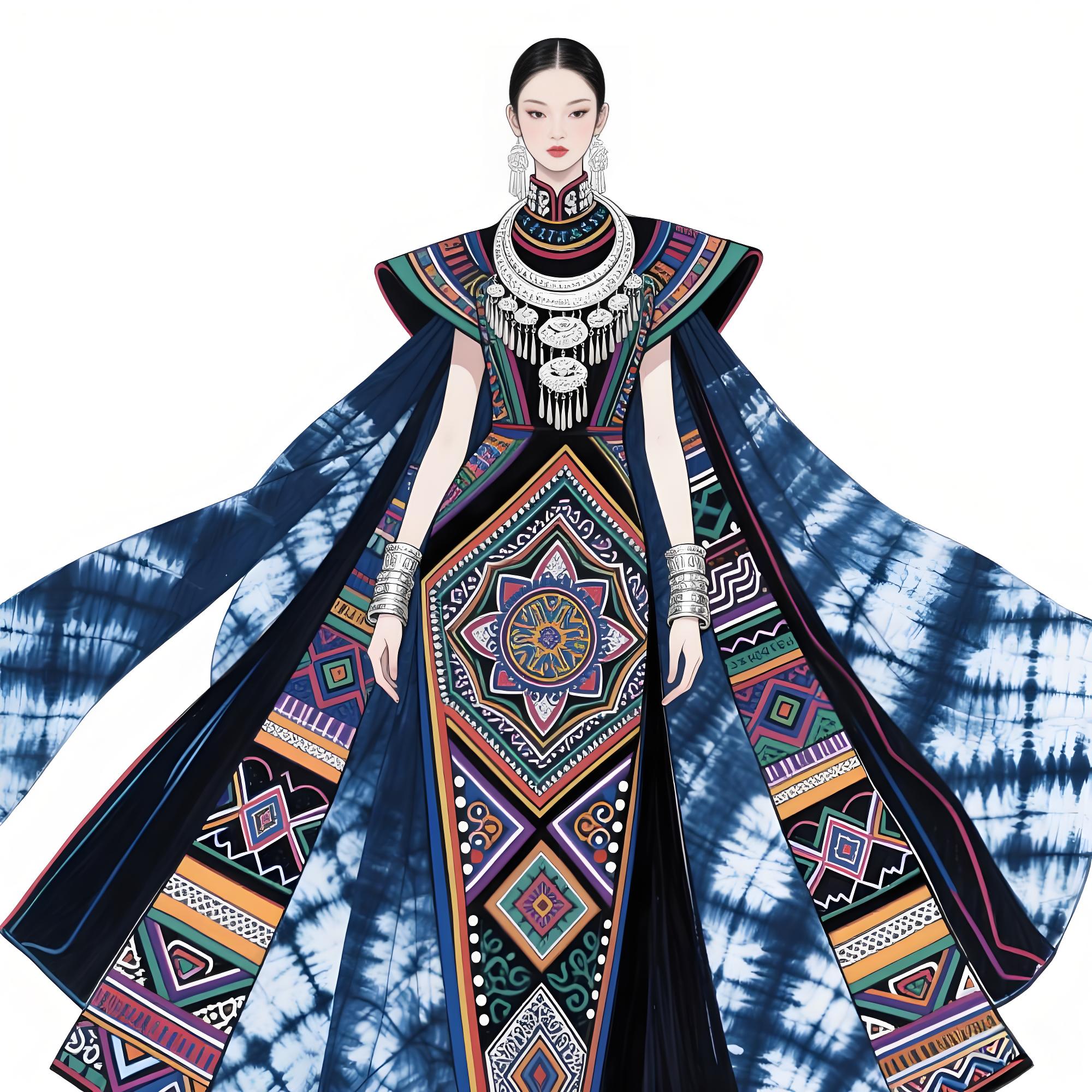 精美藻井纹样和苗族银饰的高定苗族扎染礼服设计手稿