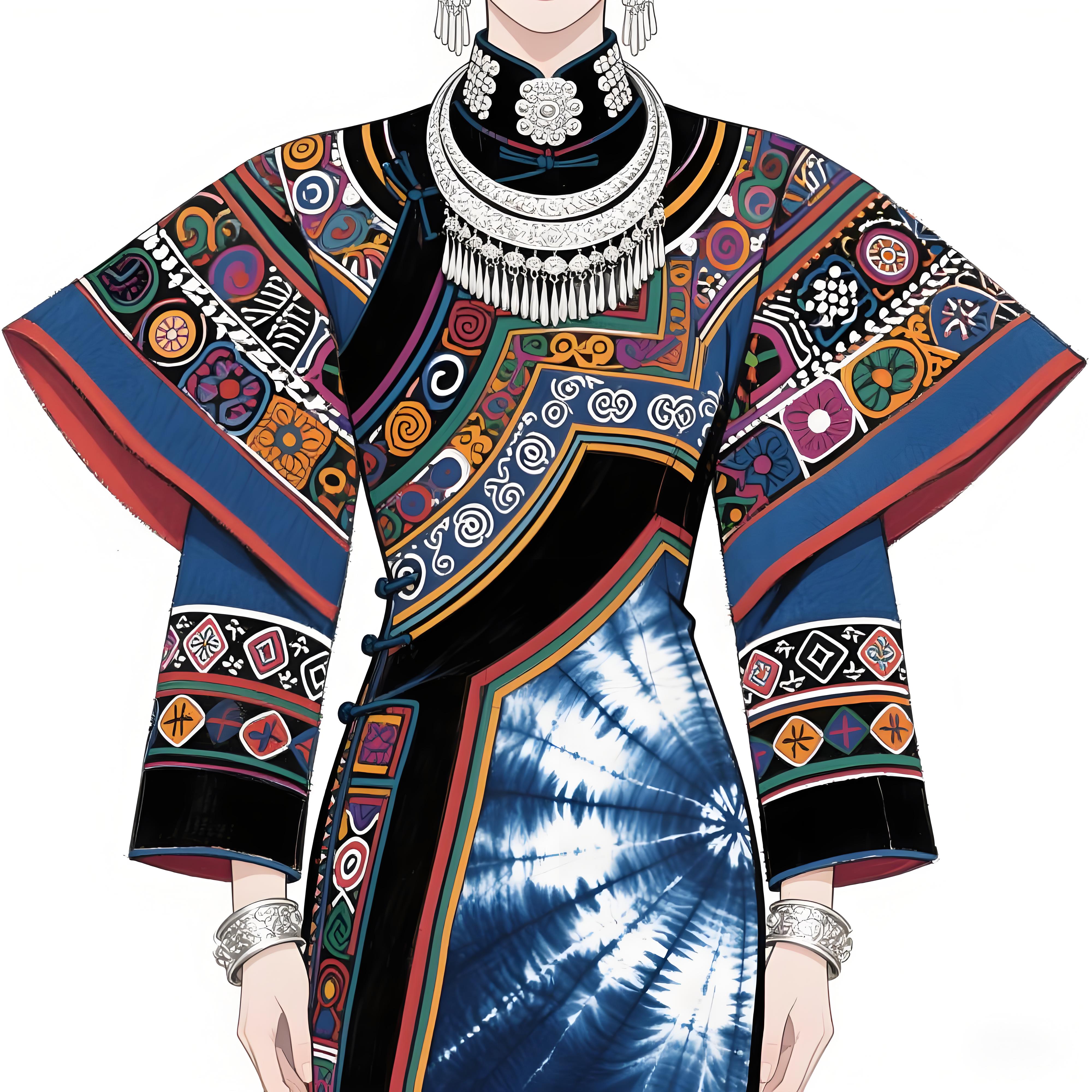 精美藻井纹样和苗族银饰的高定苗族扎染礼服设计手稿