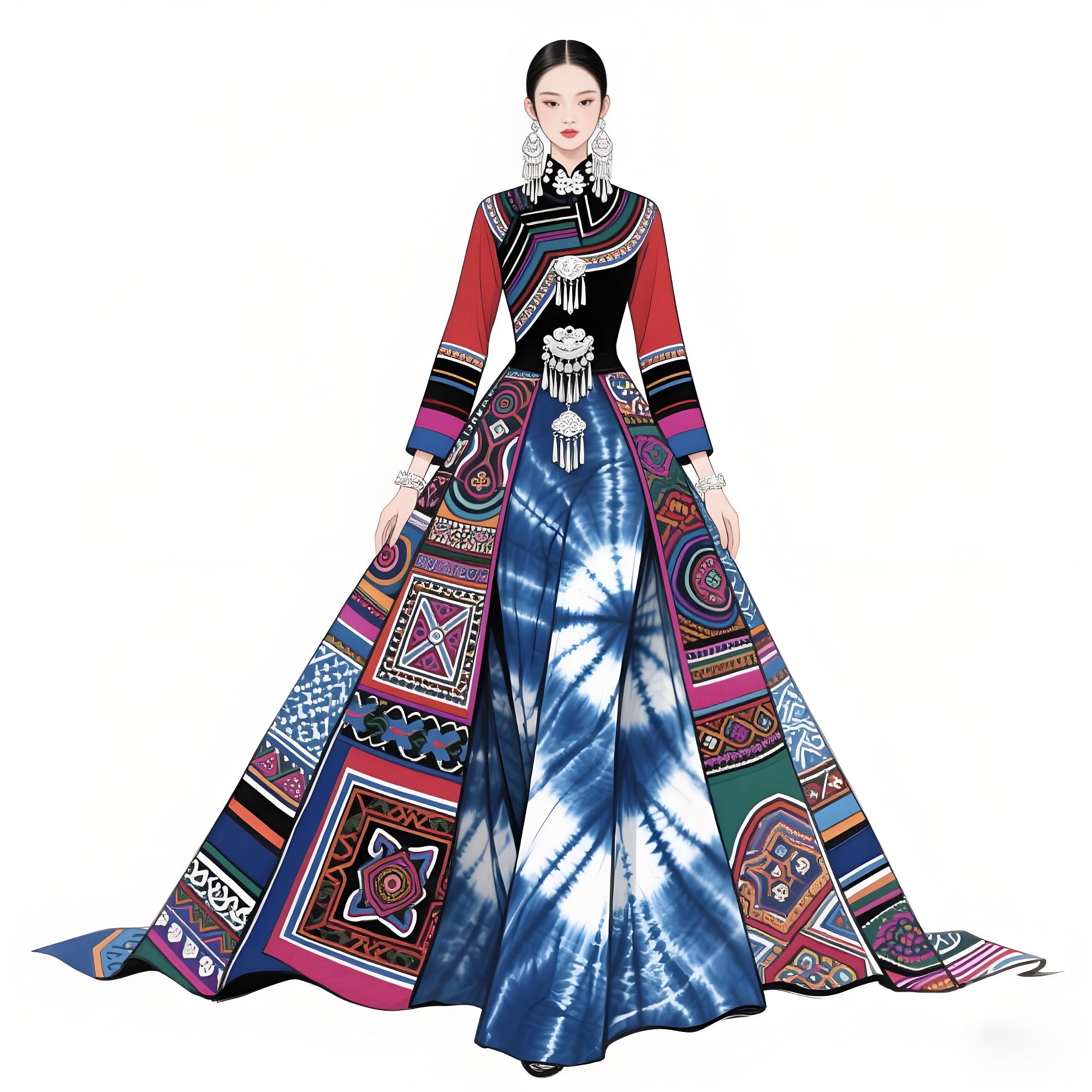 精美藻井纹样和苗族银饰的高定苗族扎染礼服设计手稿