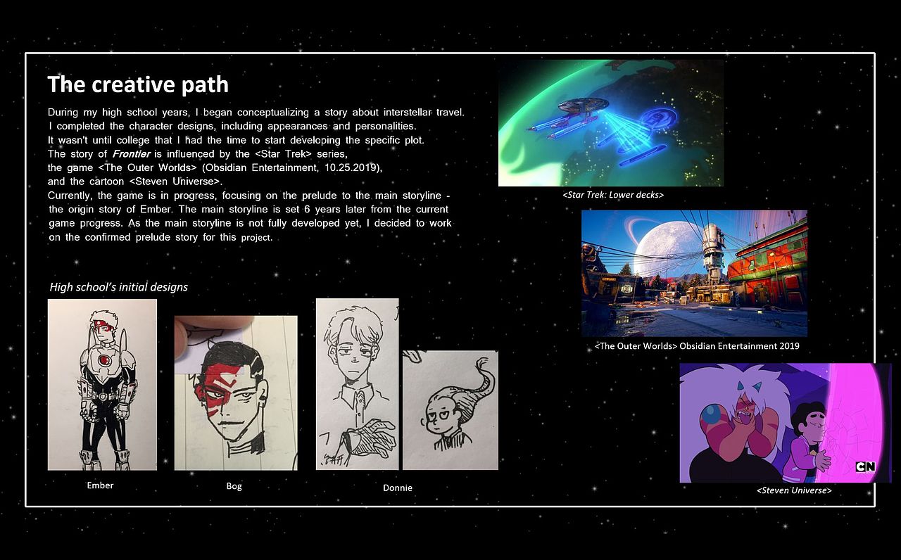 对于本作品的灵感来源，有美番《星际迷航：下层舰员》、《宇宙小子史蒂芬》，科幻射击游戏《天外世界》，在本人高中时期，就给此作品的人物设计定了大型