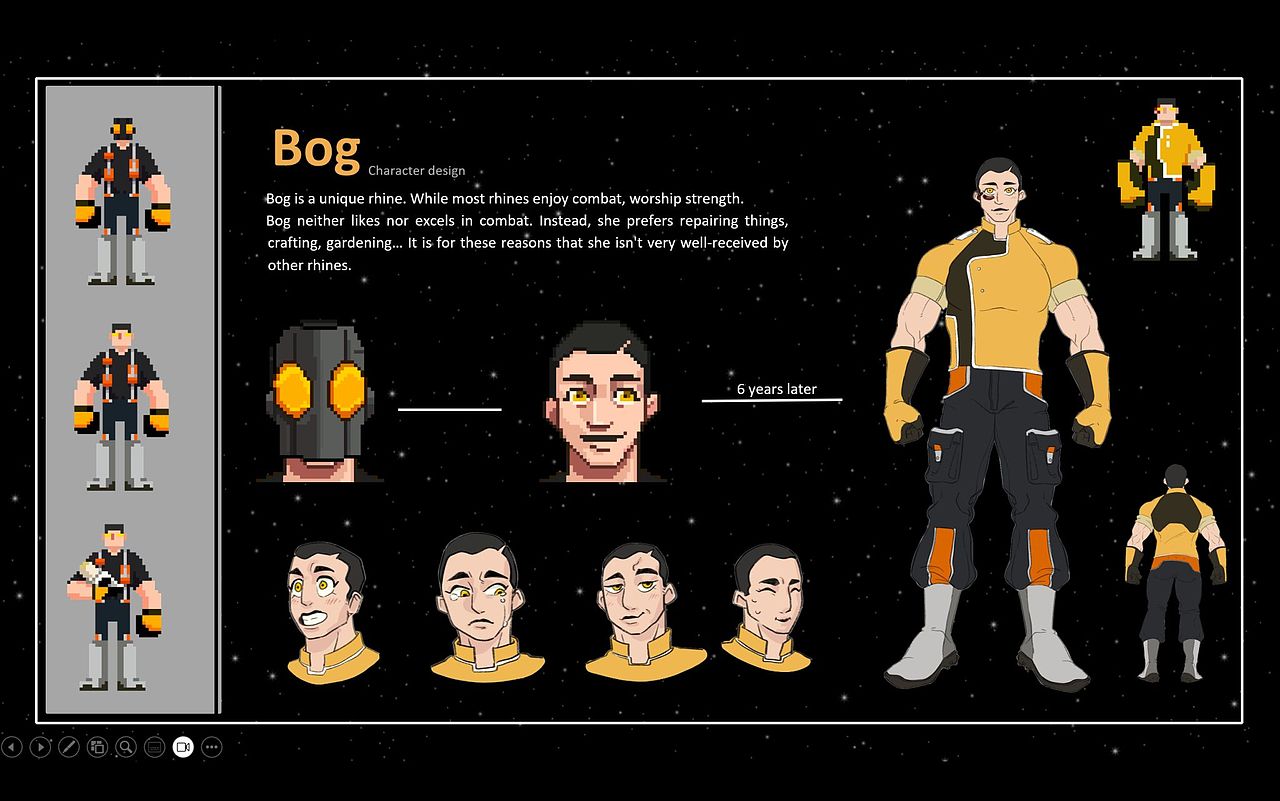 Bog是一位与众不同的莱恩（rhine）。大多数莱恩热衷战斗、崇尚力量，
而Bog既不喜欢也不擅长战斗。相反，她更喜欢修理东西、手工制作、园艺……<br>正因如此，她并不太受其他莱恩的欢迎。