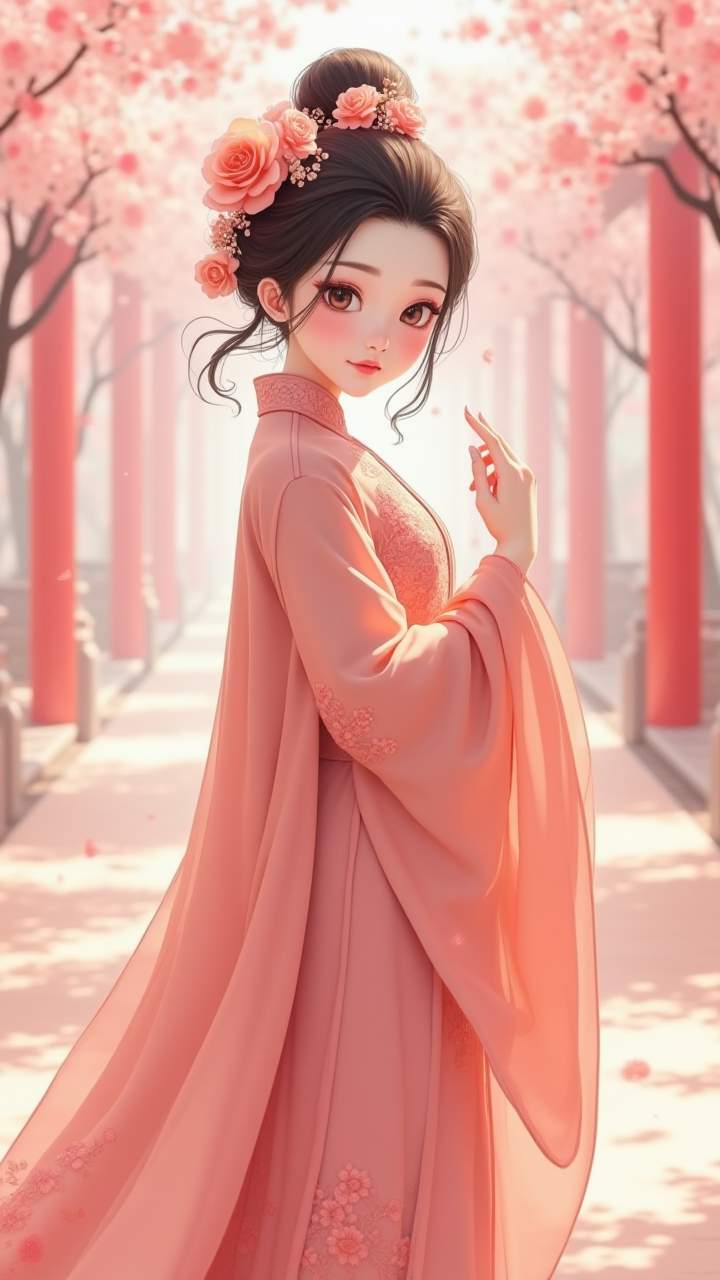 【AI服饰风采】：绣花汉服与春日景致的和谐之美