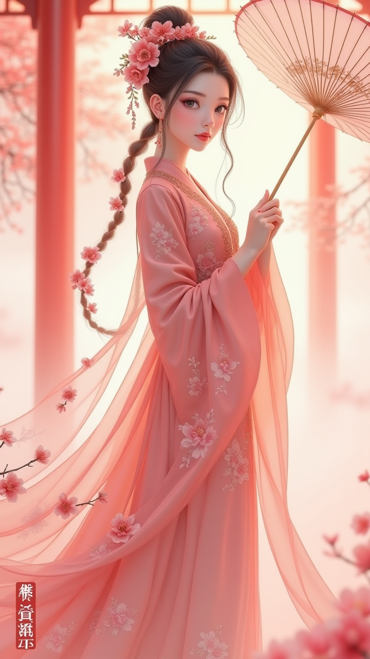 【AI服饰风采】：绣花汉服与春日景致的和谐之美