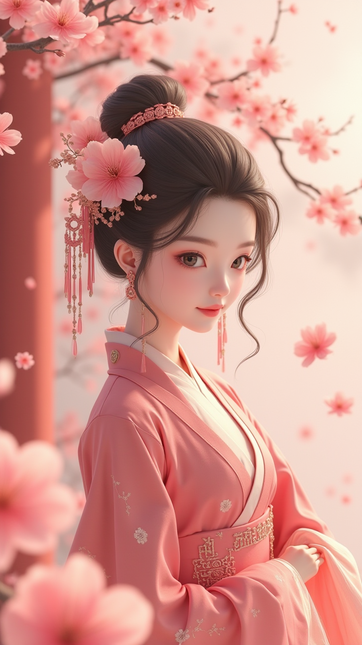 【AI服饰风采】：绣花汉服与春日景致的和谐之美