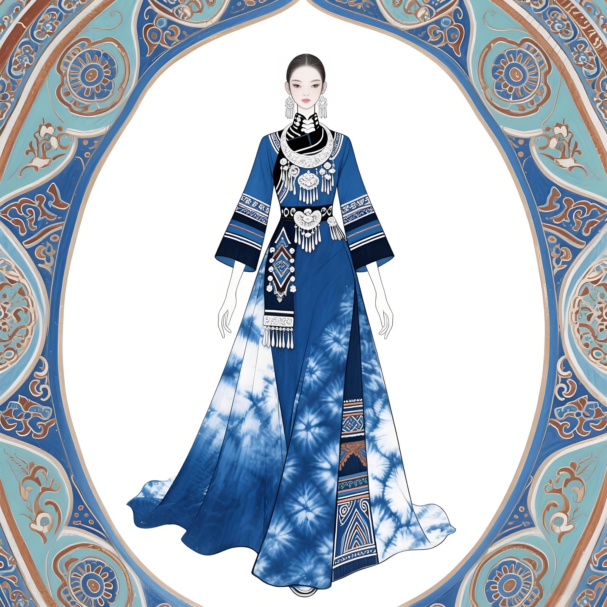 【千年蓝韵：当苗族扎染邂逅敦煌藻井的礼服叙事】