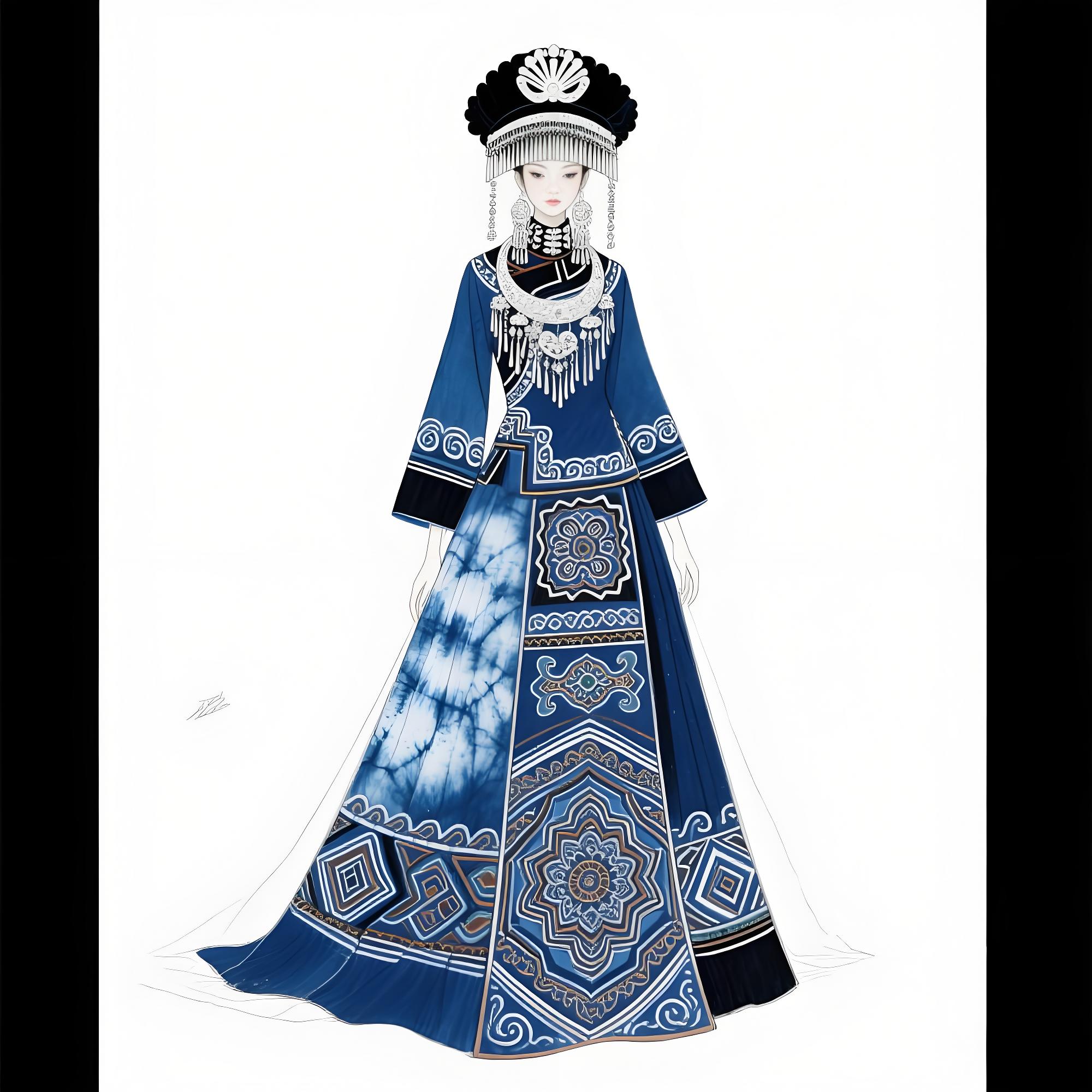 【千年蓝韵：当苗族扎染邂逅敦煌藻井的礼服叙事】