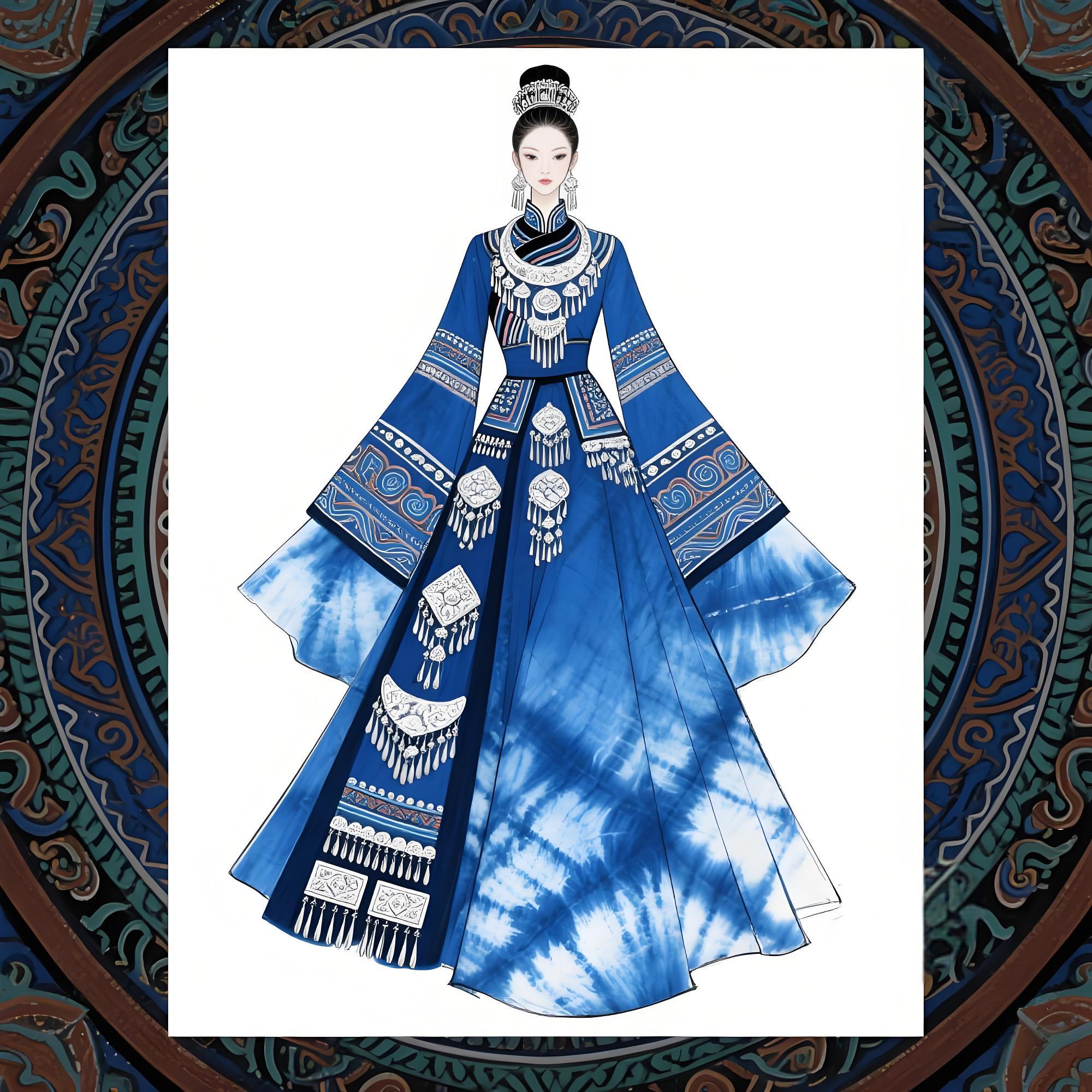 【千年蓝韵：当苗族扎染邂逅敦煌藻井的礼服叙事】