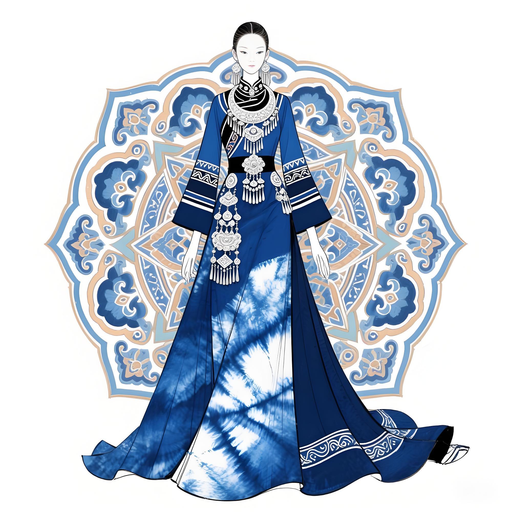 【千年蓝韵：当苗族扎染邂逅敦煌藻井的礼服叙事】