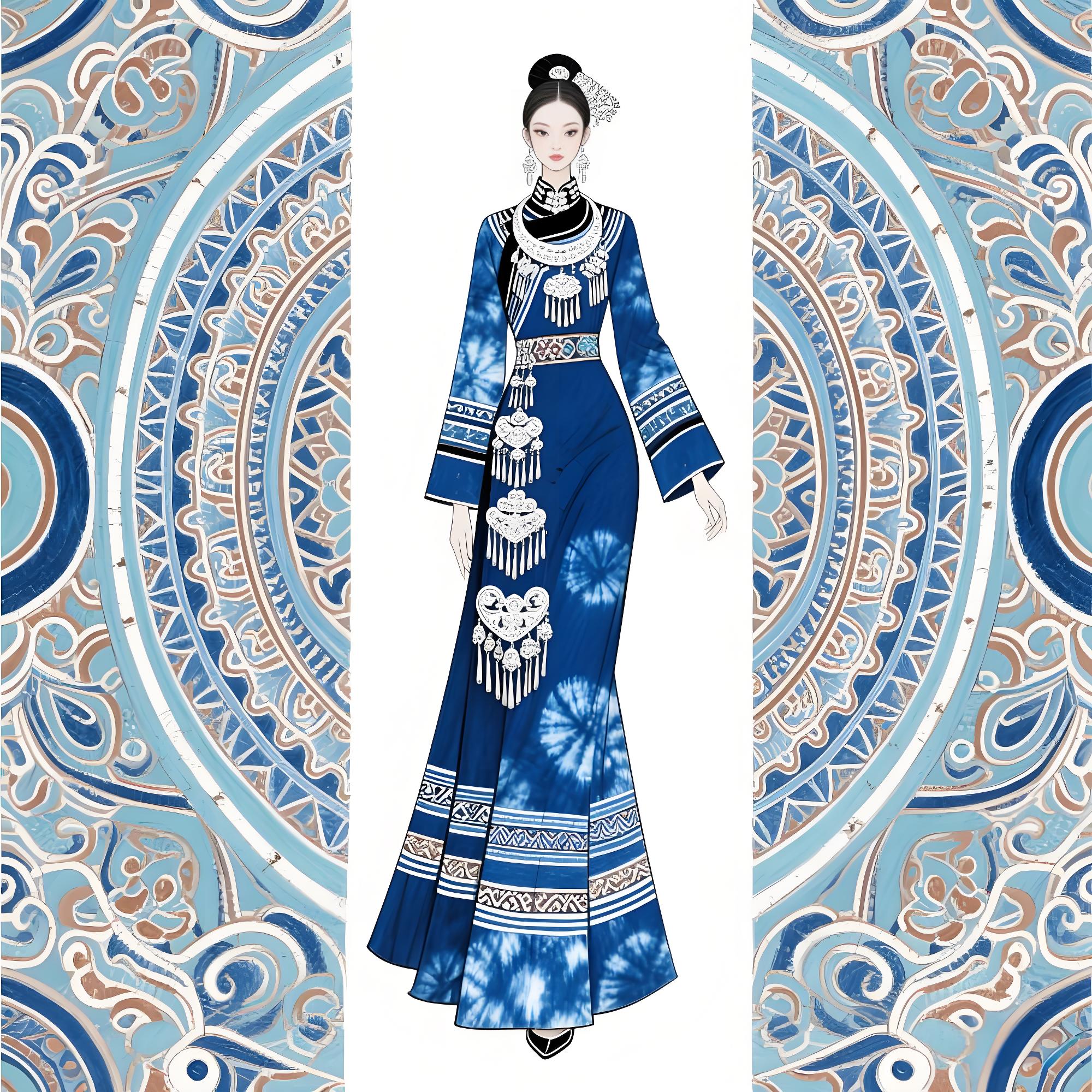 【千年蓝韵：当苗族扎染邂逅敦煌藻井的礼服叙事】