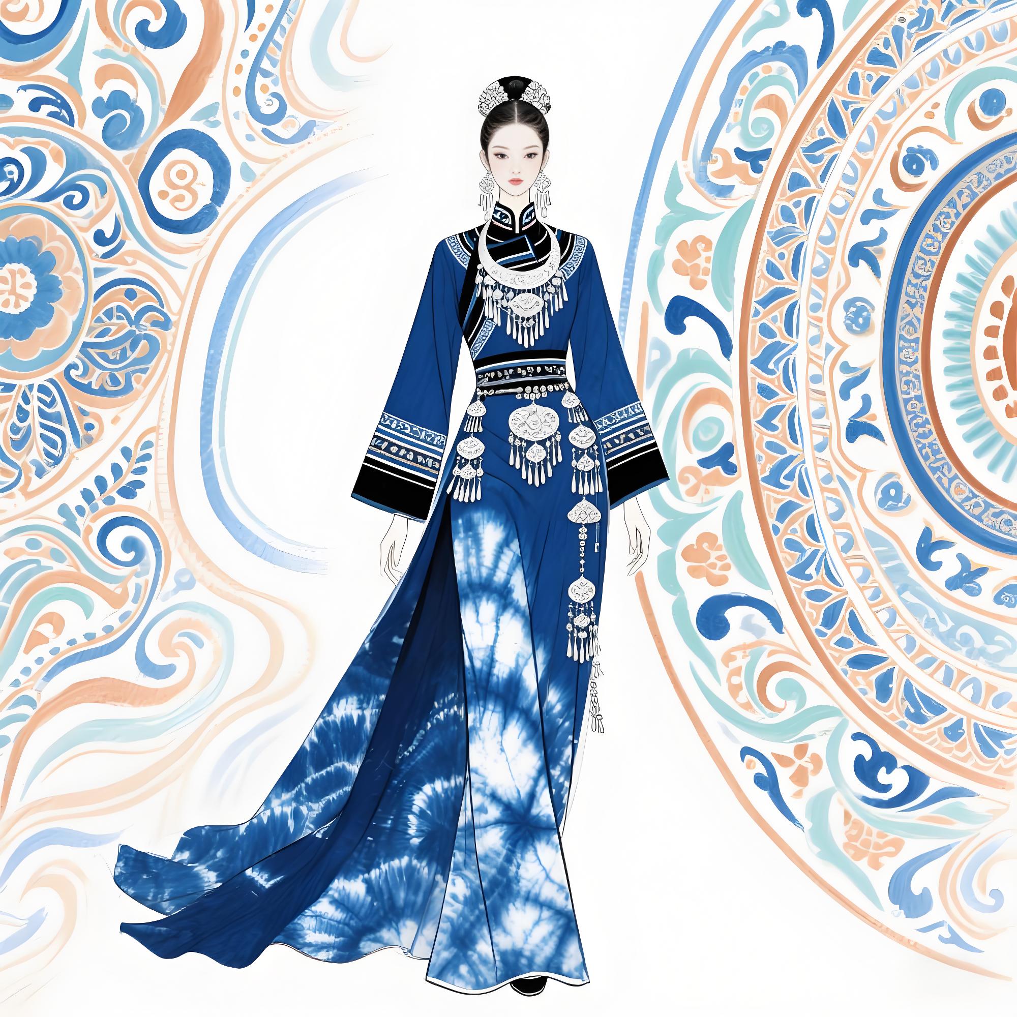 【千年蓝韵：当苗族扎染邂逅敦煌藻井的礼服叙事】