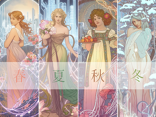 致敬穆夏—春夏秋冬四联(AI作品)