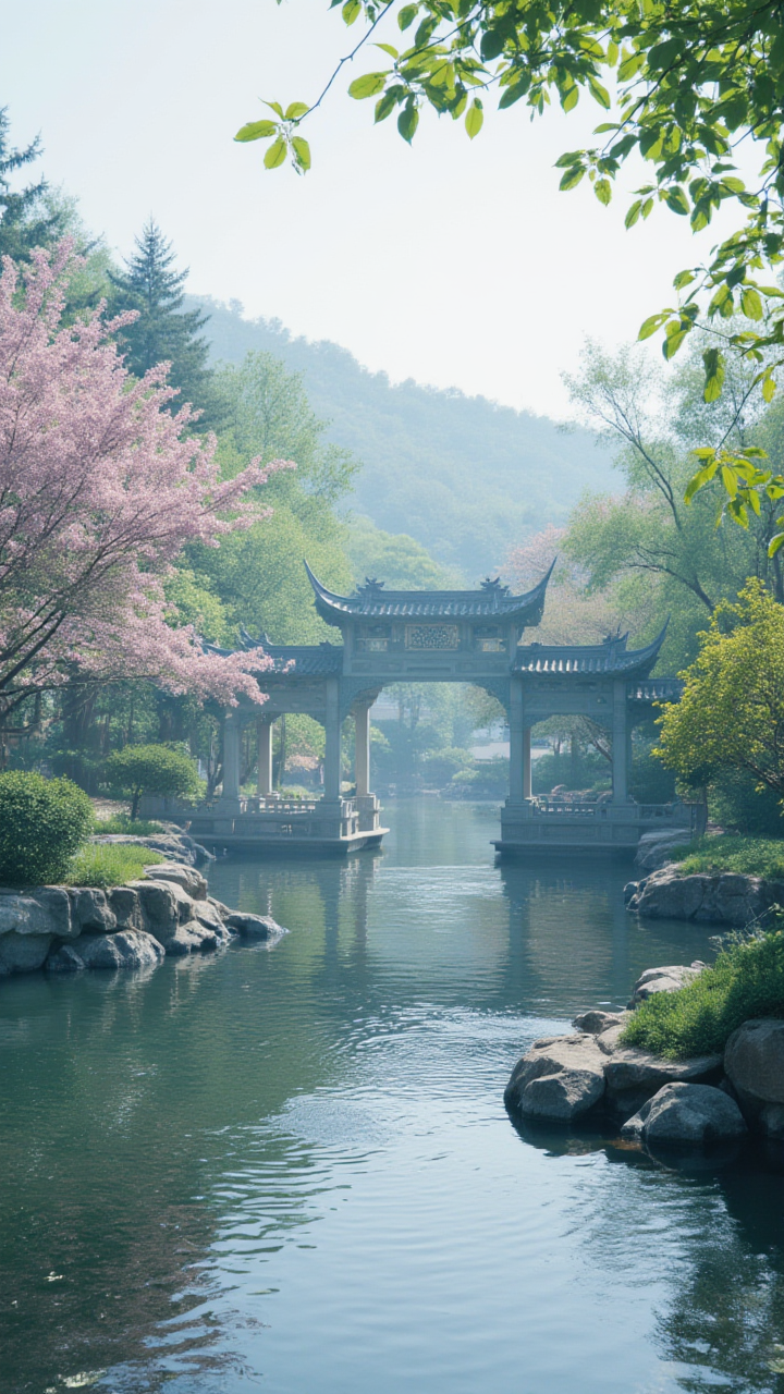 【AIGC 春景雅韵】：樱桥水榭与古建的春日画卷