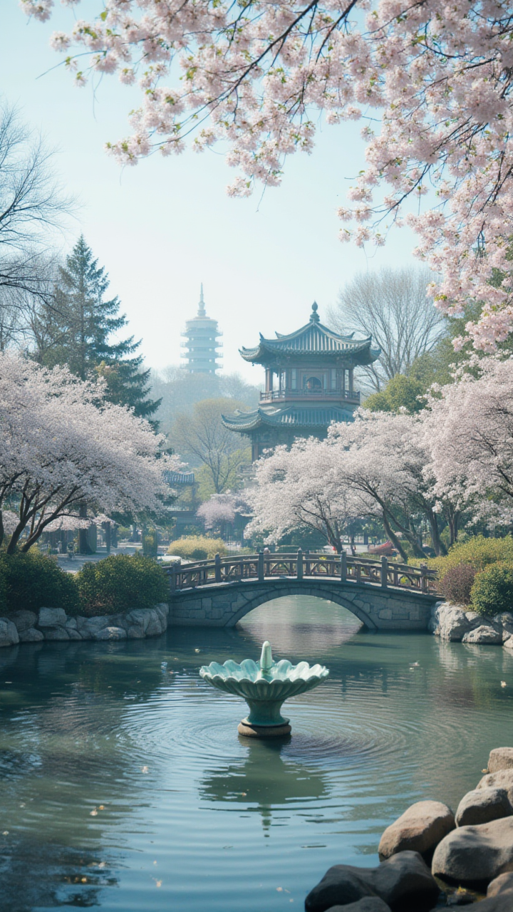 【AIGC 春景雅韵】：樱桥水榭与古建的春日画卷