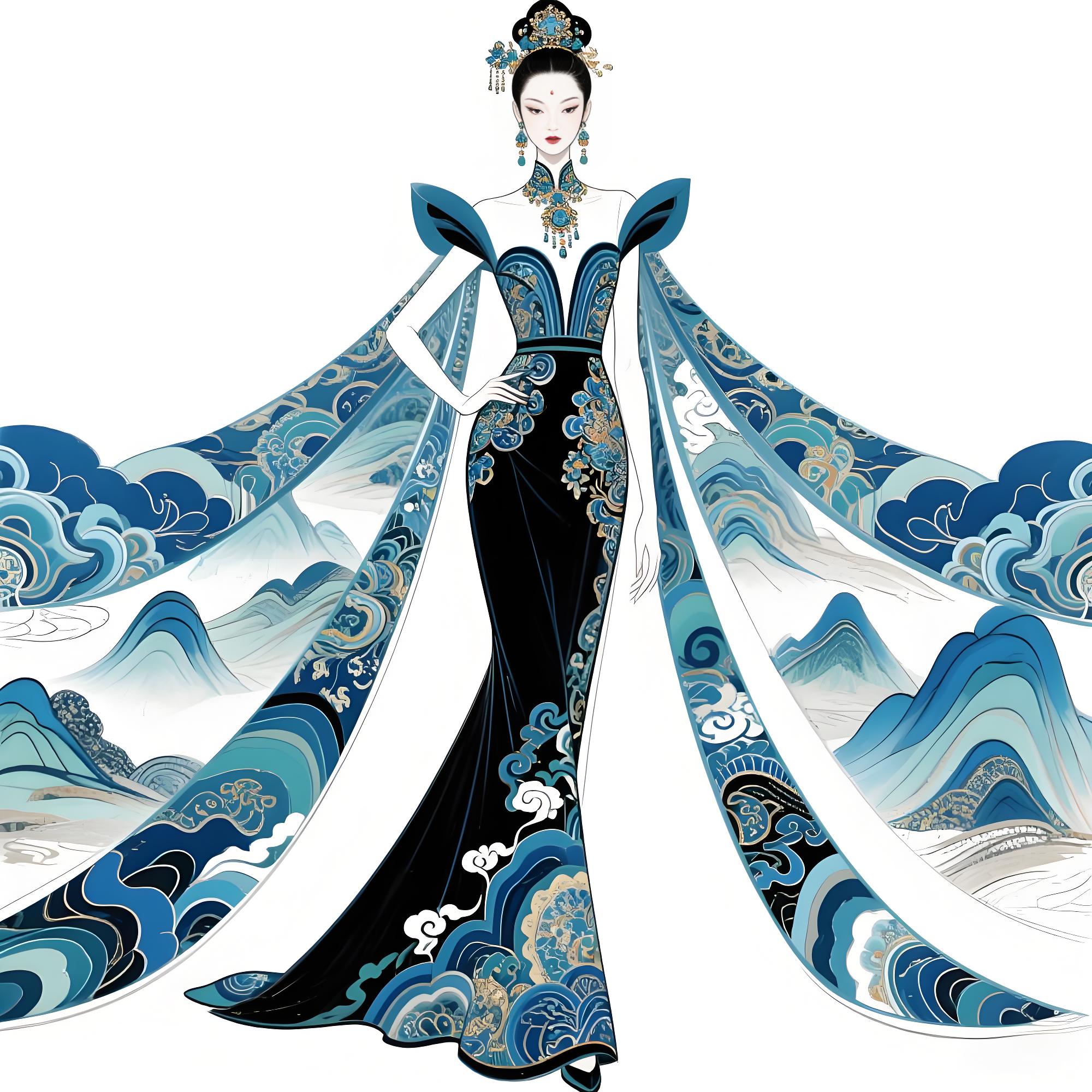 ✨ 【当千年云锦化作星河,这件礼服藏着流动的《千里江山图》】 ✨