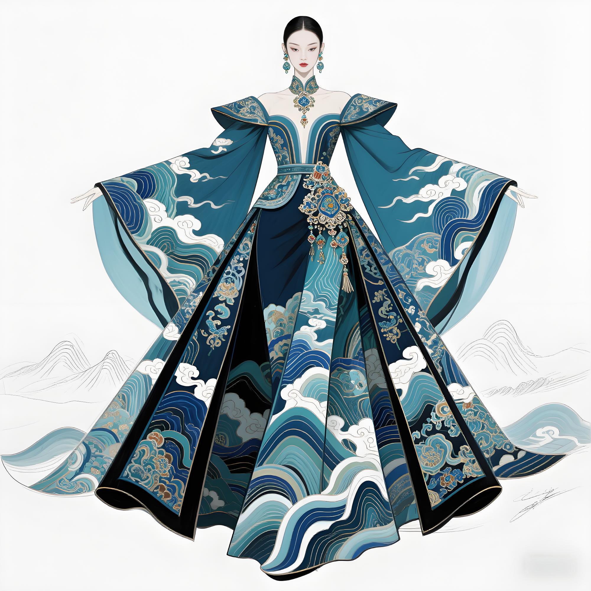 ✨ 【当千年云锦化作星河,这件礼服藏着流动的《千里江山图》】 ✨