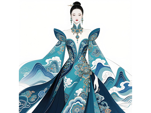 ✨ 【当千年云锦化作星河，这件礼服藏着流动的《千里江山图》】 ✨