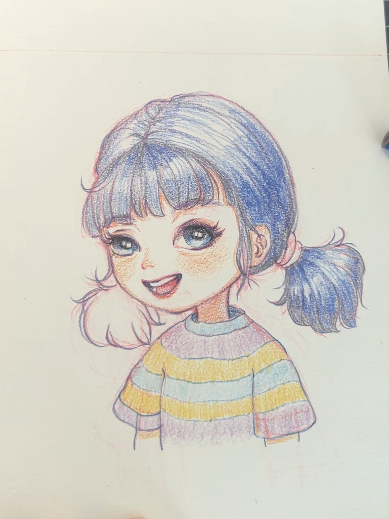 彩铅双马尾可爱小女孩