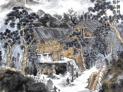 高峡听溪图中国画山水画家杨瑞