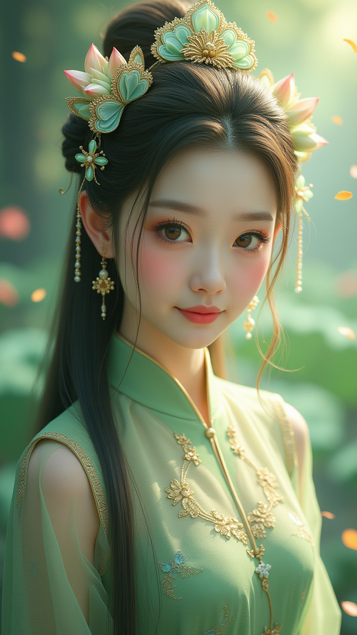 【AIGC 东方绮梦】：绿衣金绣与翠饰的古韵画面