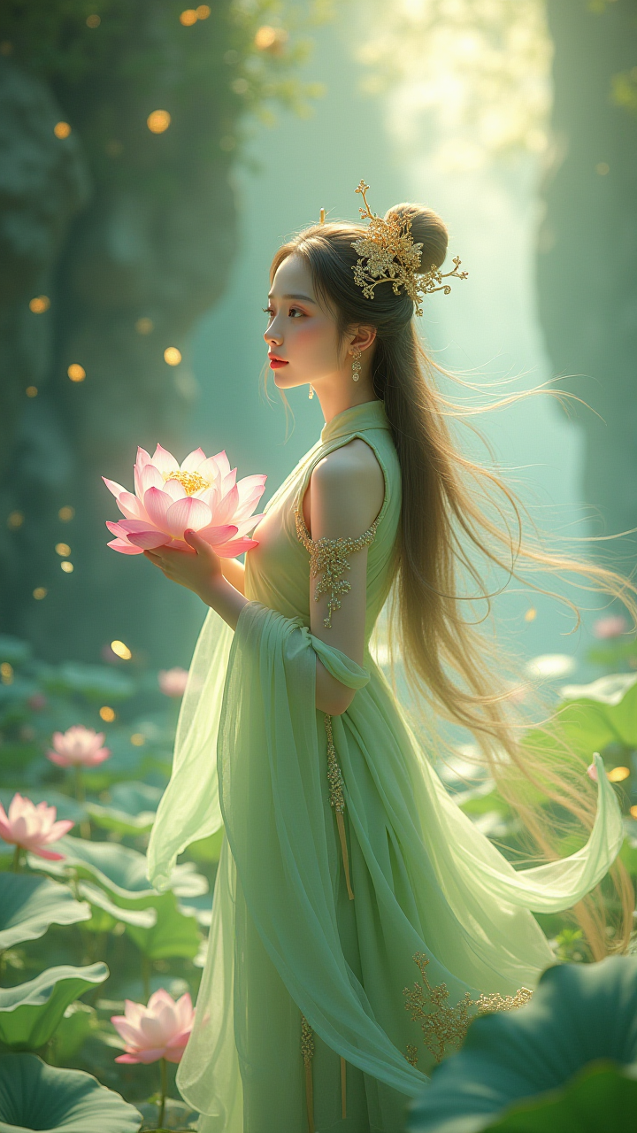 【AIGC 东方绮梦】：绿衣金绣与翠饰的古韵画面