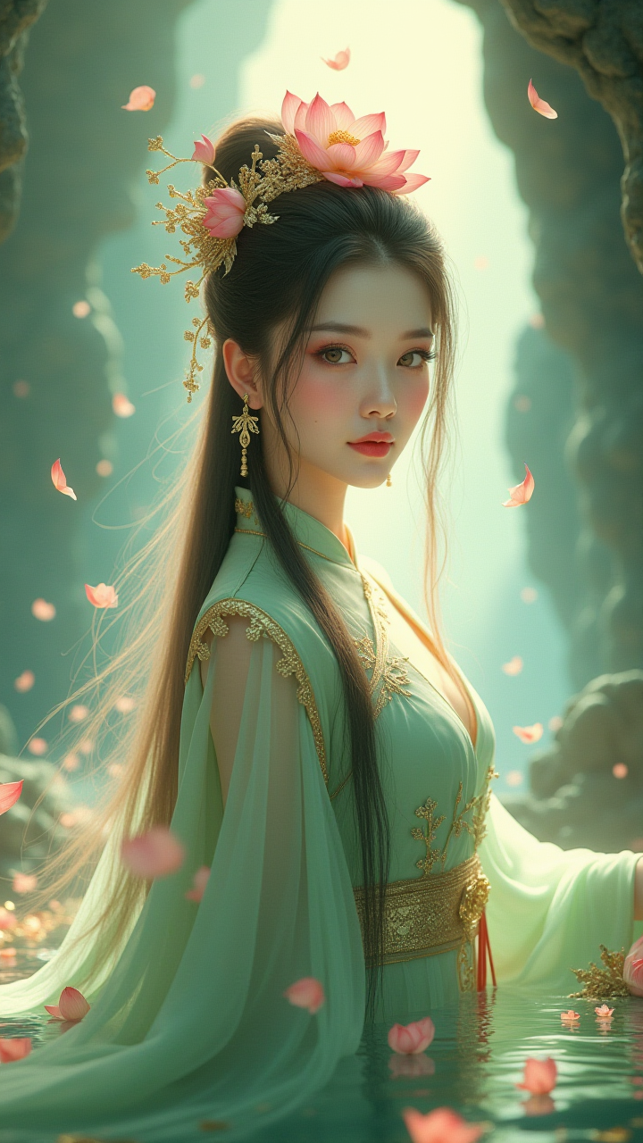 【AIGC 东方绮梦】：绿衣金绣与翠饰的古韵画面