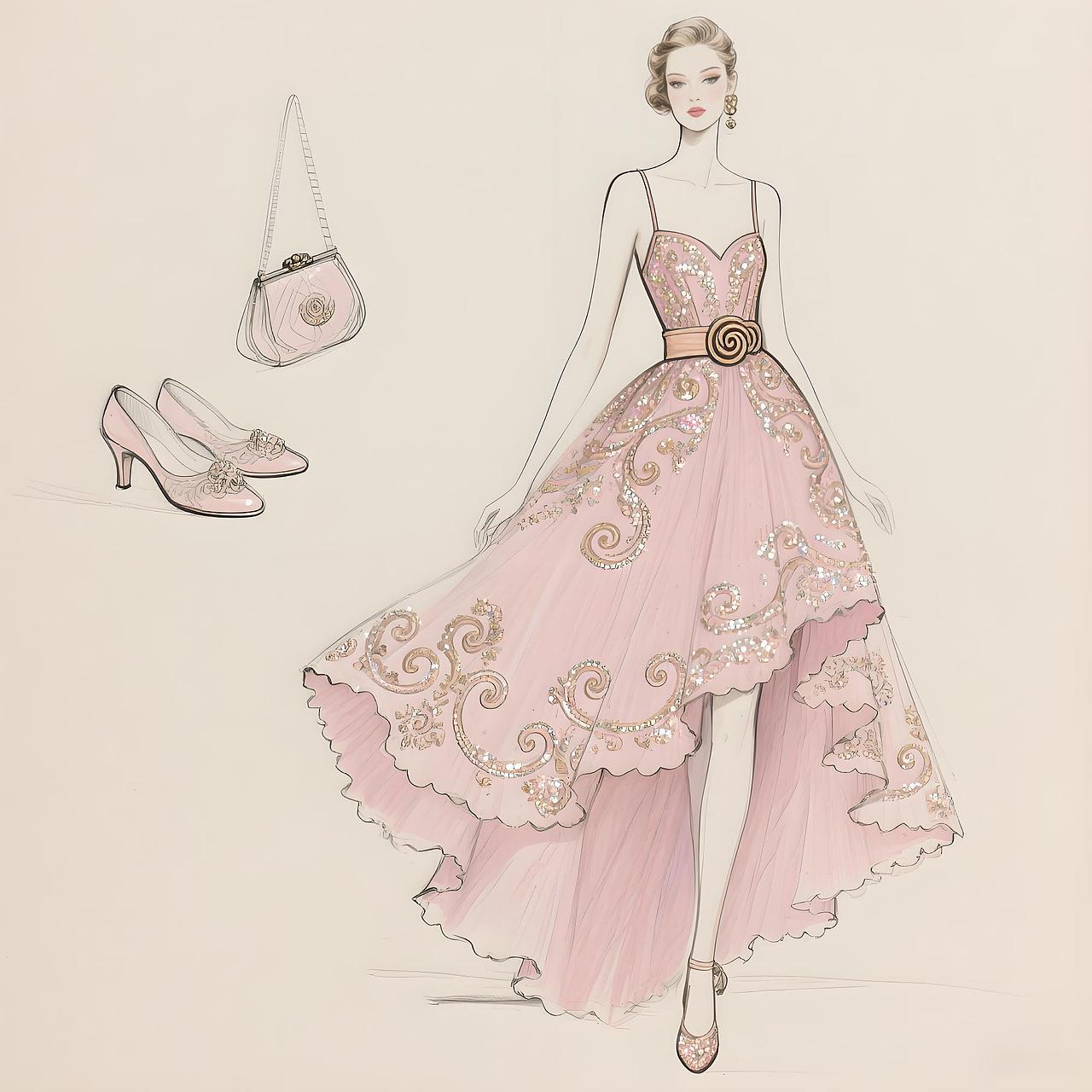 欧洲洛可可卷草纹样高定礼服设计手稿说明