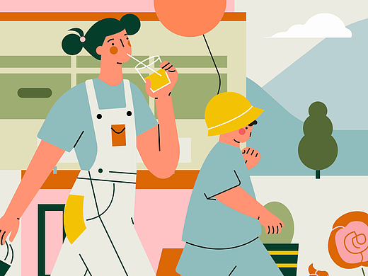 小园素扁平插画作品：橘子汽水和花香弥漫的步行道