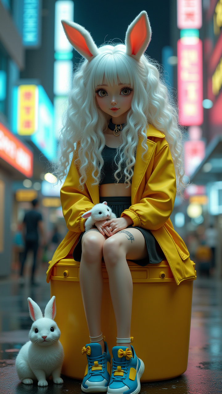 【AIGC 潮流萌态】：兔系少女的街头时尚瞬间