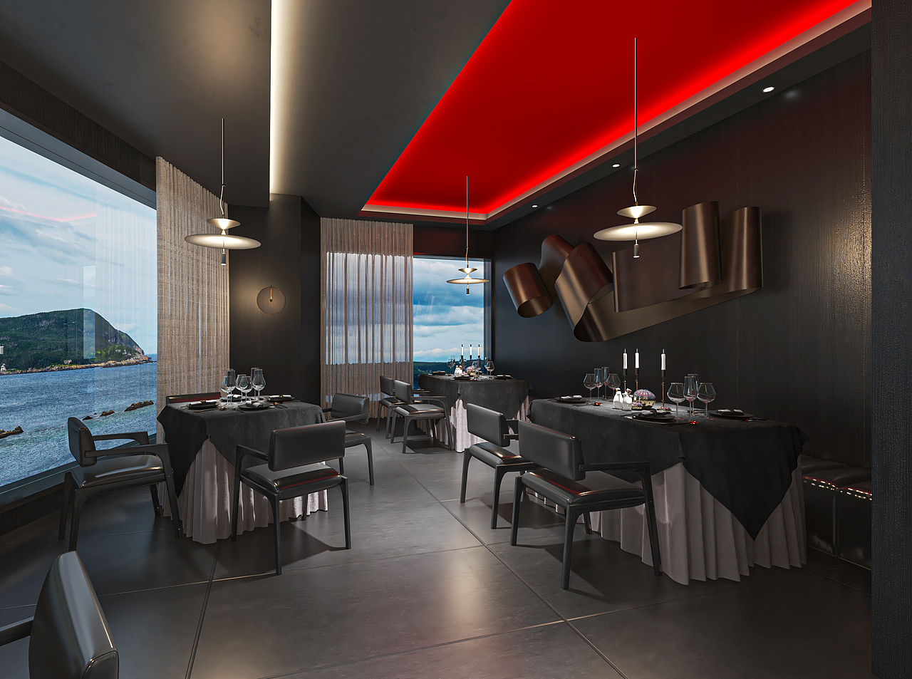 观海侧厅围绕“暗黑系”风格,从空间、视觉、体验多维诠释:
<br>- 空间氛围:以深色调为主,搭配顶部红色灯带,营造神秘、静谧的就餐氛围,与窗外开阔海景形成“内隐外阔”的张力,让自然与室内设计碰撞出独特气质。<br>- 视觉互动:大面积落地窗打通室内外,海景成为动态“背景画”,暗黑基底弱化空间边界,使海景融入就餐场景,形成“人 - 空间 - 自然”的沉浸式联结。<br>- 情绪体验:暗黑风格传递沉稳、私密感,海景带来开阔、松弛情绪,二者融合满足食客对“专属感”与“自然共鸣”的双重需求,打造独特且难忘的餐饮体验 。