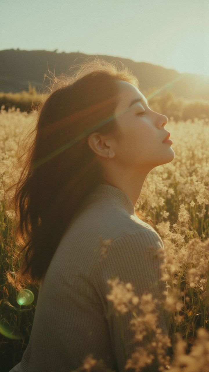 【AI 美学谧境】：暖阳花田与惬意身影的美好画面