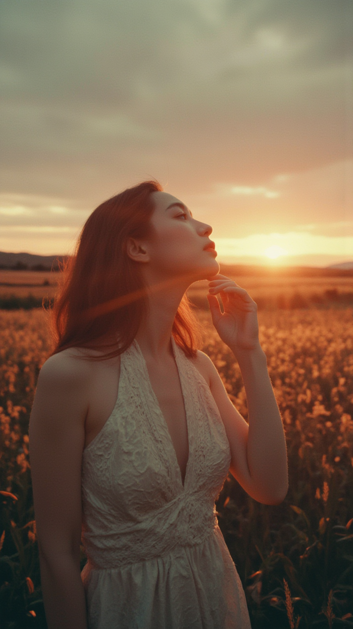 【AI 美学谧境】：暖阳花田与惬意身影的美好画面