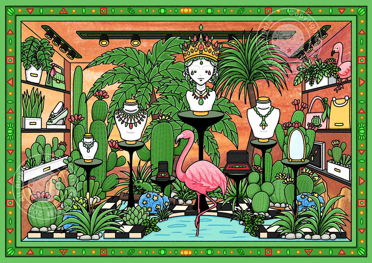 原创插画｜绿色仙人掌珠宝橱窗场景插画设计